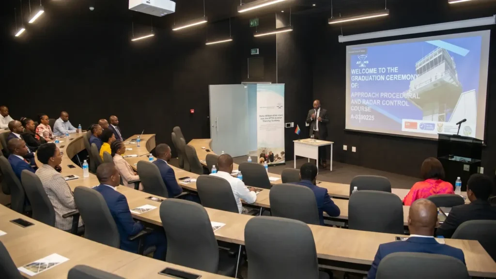 Presenter addressing an audience in a tiered lecture theatre, with a screen welcoming guests to a graduation ceremony for an aviation training course.