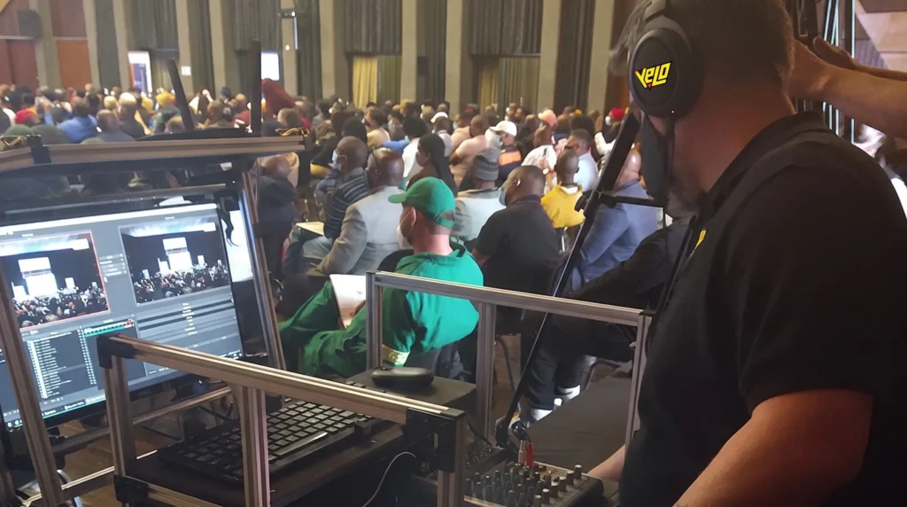 Production operator wearing branded headphones at a mixing desk with editing monitors, overlooking a large seated crowd indoors.